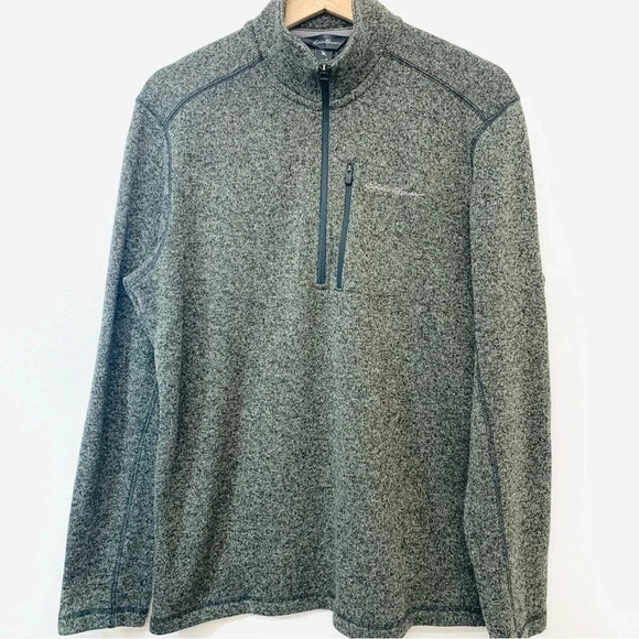 Eddie Bauer Sweater Men Medium  1/4 Zip Long‎ Sleeve Green Gray Pocket Logo Work - Picture 1 of 11